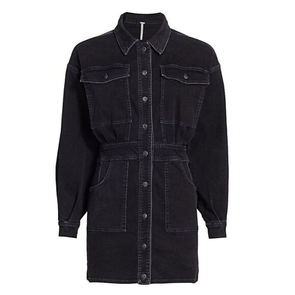 Free People Bo Denim Shirt Dress Midnight Black Button Down Long Sleeve - Picture 6 of 13
